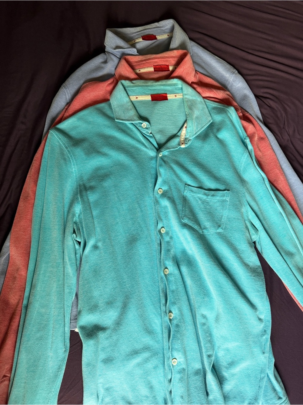 Lot of Isaia Men's Long-Sleeve Button Shirt - Teal, blue and salmon